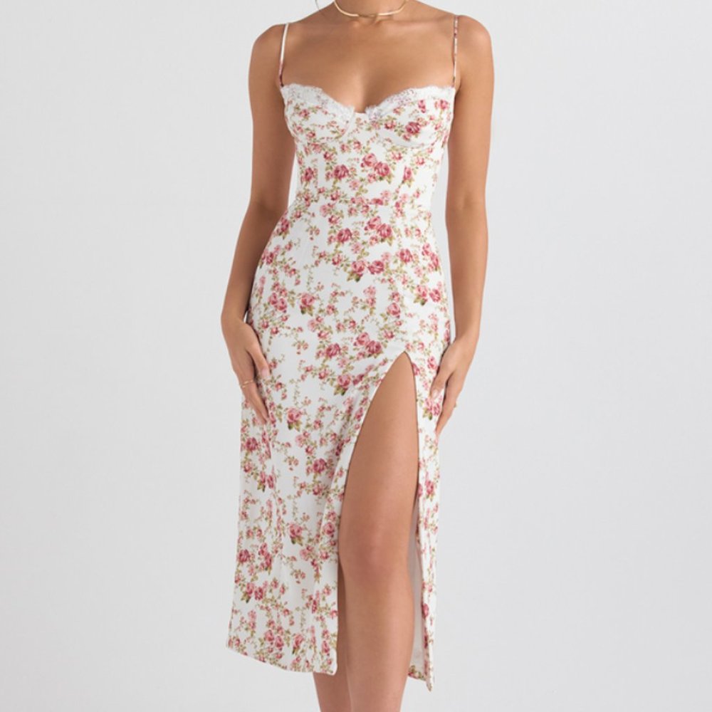 House of CB Charlotte Rose Print Corset Midi Sundress Size L Bigger Cup